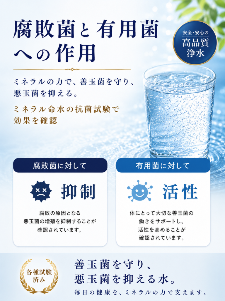 腐敗菌と有用菌への作用
ミネラルの力で、善玉菌を守り、悪玉菌を抑える。
ミネラル命水の抗菌試験で効果を確認
腐敗菌に対して
有用菌に対して
抑制 腐敗の原因となる悪玉菌の 増殖を抑制することが
確認されています。
活性 体にとって大切な善玉菌の 働きをサポートし、 活性を高めることが
確認されています。
各種試験
済み
善玉菌を守り、悪玉菌を抑える水。
毎日の健康を、ミネラルの力で支えます。