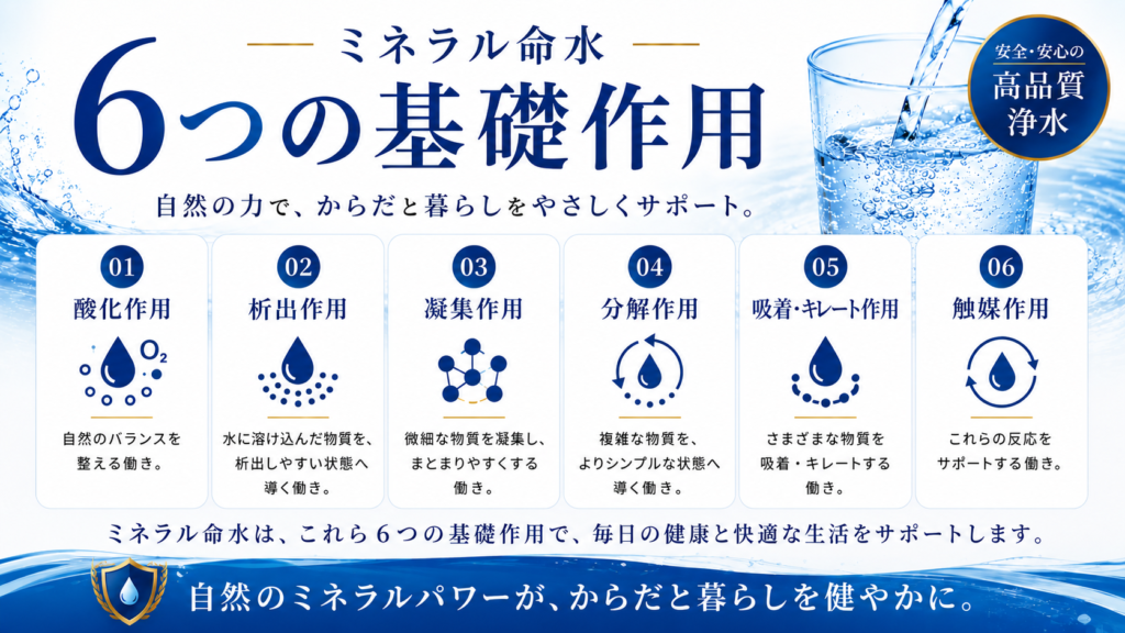 の基礎作用
自然の力で、からだと暮らしをやさしくサポート。
安全・安心の
高品質
浄水
01
酸化作用
02
析出作用
03
凝集作用
04
分解作用
05
吸着・キレート作用
06
触媒作用 自然のバランスを
整える働き。 水に溶け込んだ物質を、 析出しやすい状態へ
導く働き。 微細な物質を凝集し、 まとまりやすくする
働き。 複雑な物質を、 よりシンプルな状態へ
導く働き。 さまざまな物質を 吸着・キレートする
働き。 これらの反応を
サポートする働き。
ミネラル命水は、これら6つの基礎作用で、毎日の健康と快適な生活をサポートします。
自然のミネラルパワーが、からだと暮らしを健やかに。
