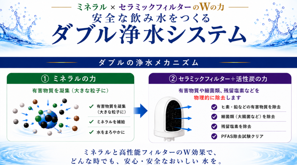 ミネラルxセラミックフィルターのWの力 安全な飲み水をつくる ダブル浄水システム ダブルの浄水メカニズム ①ミネラルのカ 有害物質を凝集（大きな粒子に） ♥有害物質を凝集 （大きな粒子に） ♥ミネラルを補給 → ♥水をまろやかに ②セラミックフィルター＋活性炭の力 有害物質や細菌類、残留塩素などを 物理的に除去します ヒ素・鉛などの有害物質を除去 細菌類（大腸菌など）を除去 残留塩素を除去 PFAS除去試験クリア ミネラルと高性能フィルターのW効果で、 どんな時でも、安心・安全なおいしい水を。