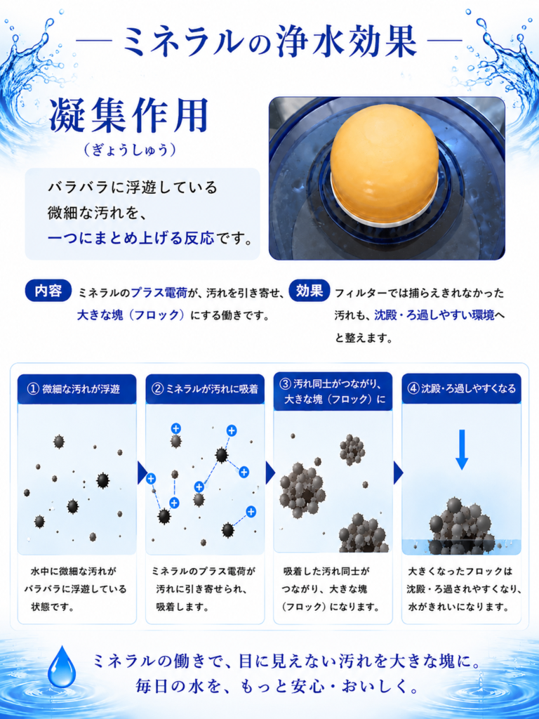 ミネラルの浄水効果一
凝集作用
（ぎょうしゅう） バラバラに浮遊している
微細な汚れを、
一つにまとめ上げる反応です。
内容 ミネラルのプラス電荷が、汚れを引き寄せ、
大きな塊（フロック）にする働きです。
効果 フィルターでは捕らえきれなかった 汚れも、沈殿・ろ過しやすい環境へ
と整えます。
①微細な汚れが浮遊
②ミネラルが汚れに吸着 ③汚れ同士がつながり、
大きな塊（フロック）に
④沈殿・ろ過しやすくなる 水中に微細な汚れが
バラバラに浮遊している
状態です。 ミネラルのプラス電荷が 汚れに引き寄せられ、
吸着します。 吸着した汚れ同士が つながり、大きな塊
（フロック）になります。 大きくなったフロックは 沈殿・ろ過されやすくなり、
水がきれいになります。
ミネラルの働きで、目に見えない汚れを大きな塊に。
毎日の水を、もっと安心・おいしく。